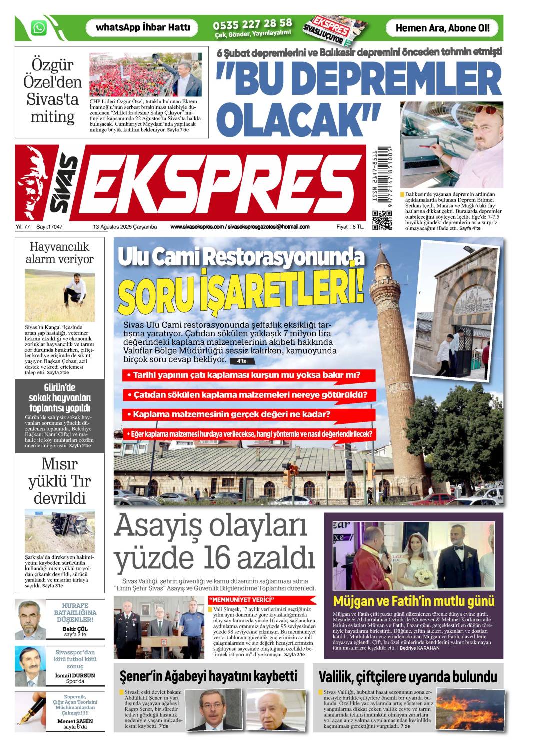 13 Ağustos tarihli gazetemiz 1