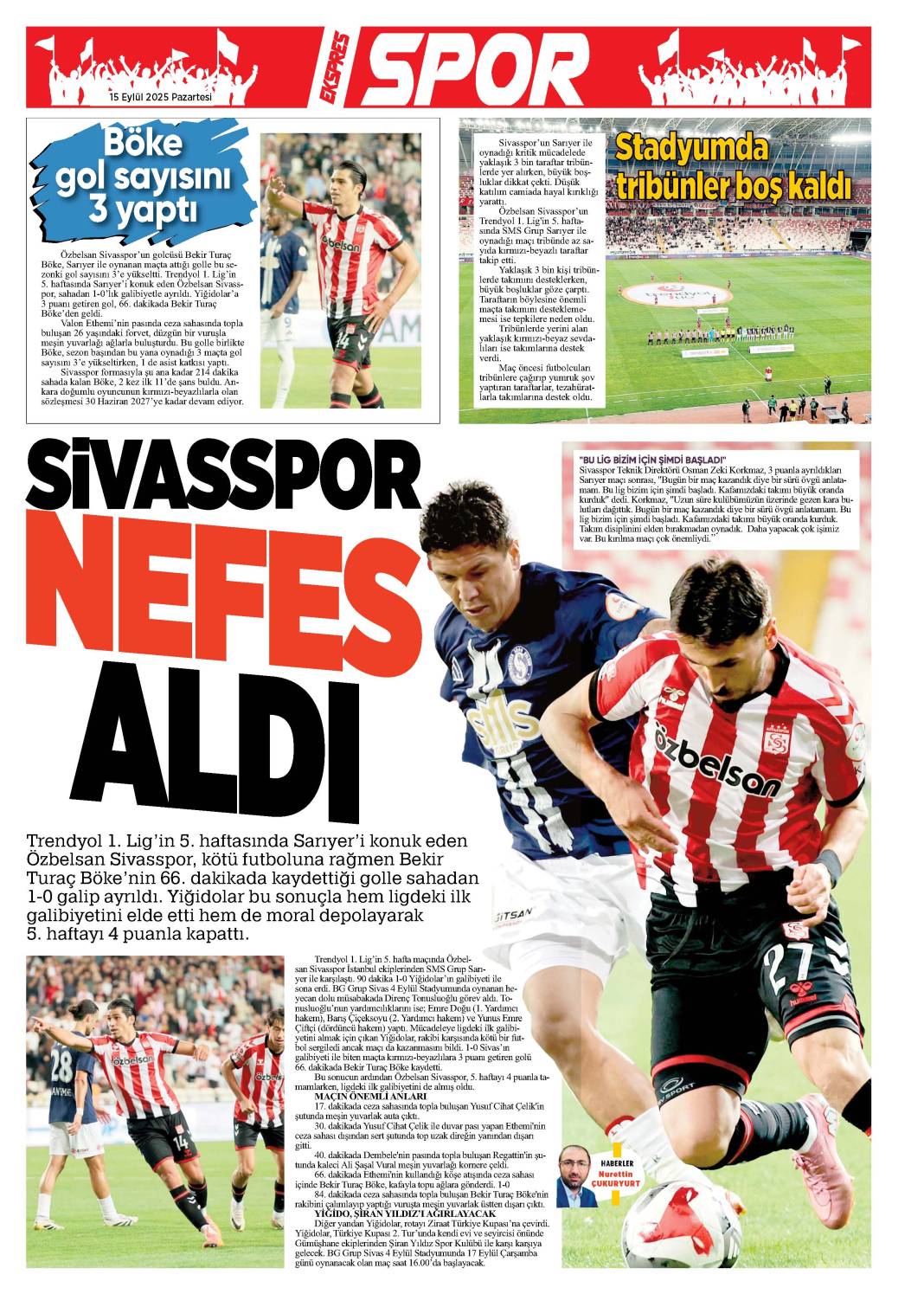 15 Eylül tarihli gazetemiz 2