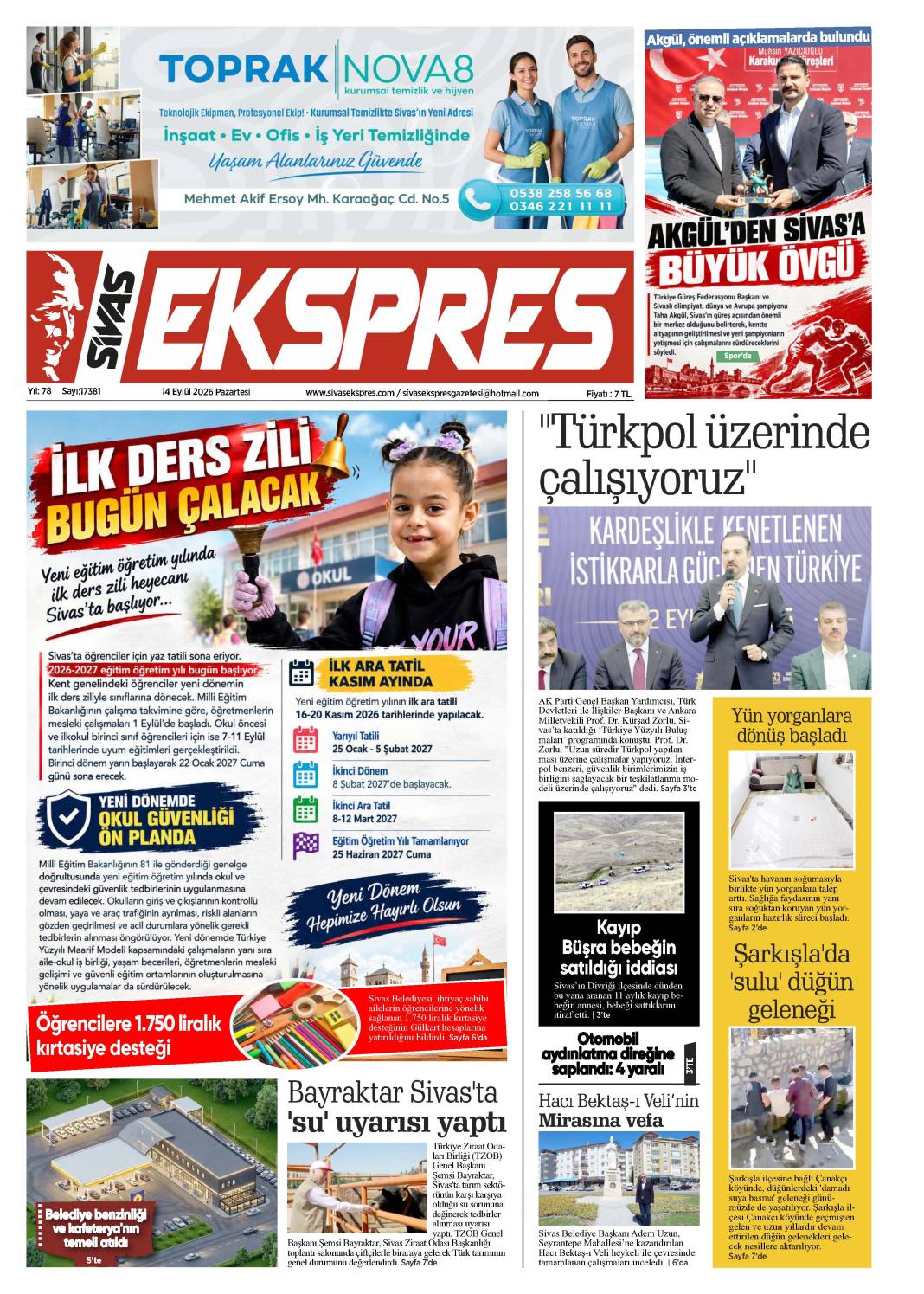 14 Eylül tarihli gazetemiz 2