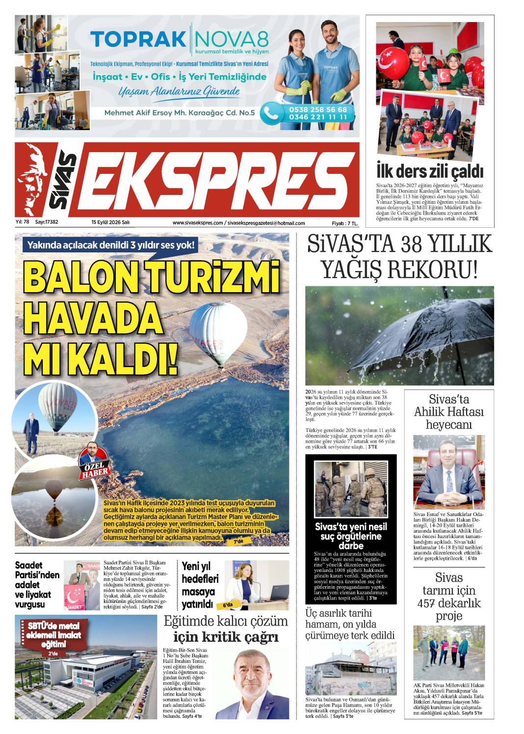 15 Eylül tarihli gazetemiz 2