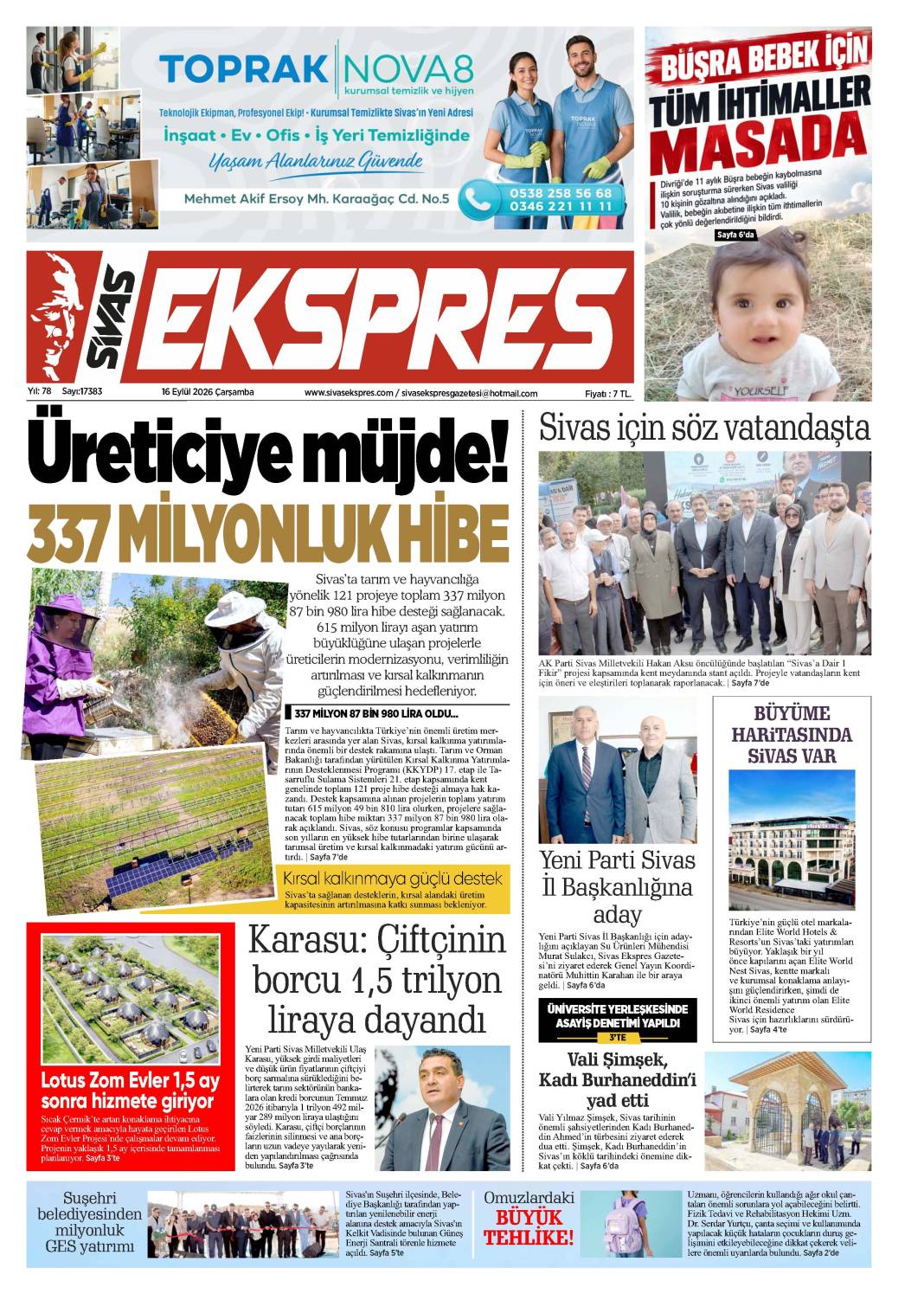 16 Eylül tarihli gazetemiz 2