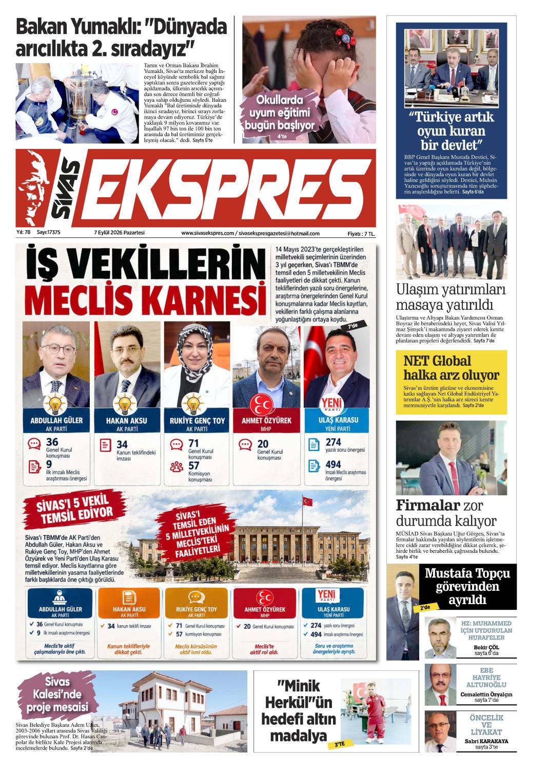 7 Eylül tarihli gazetemiz 2