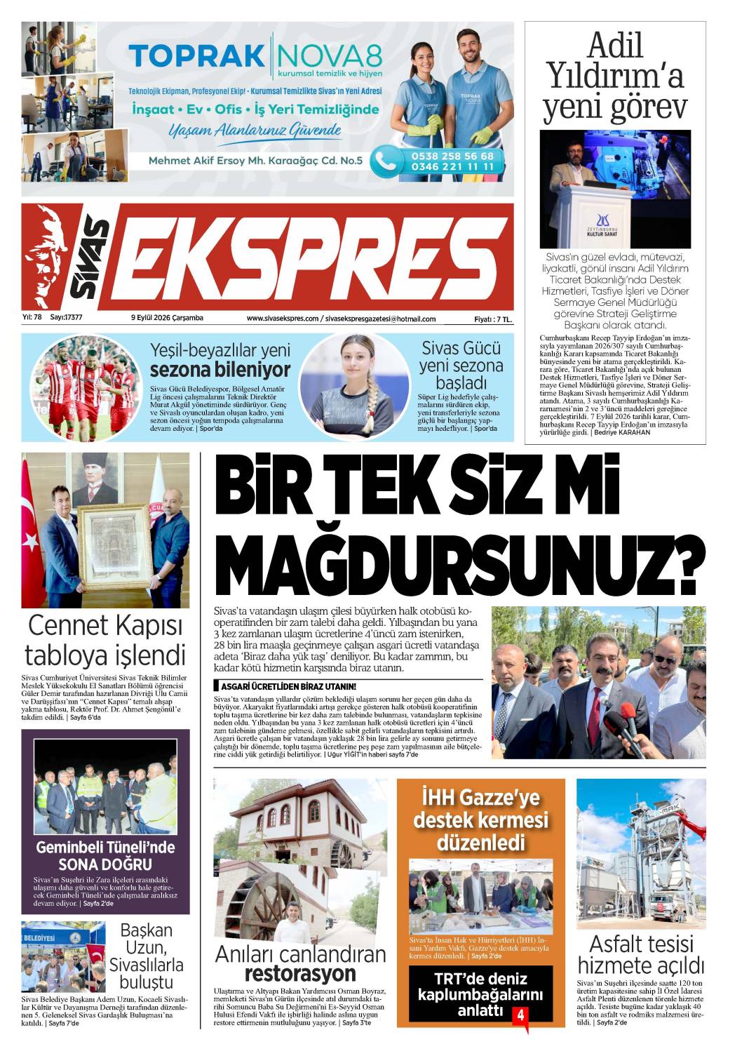 9 Eylül tarihli gazetemiz 2