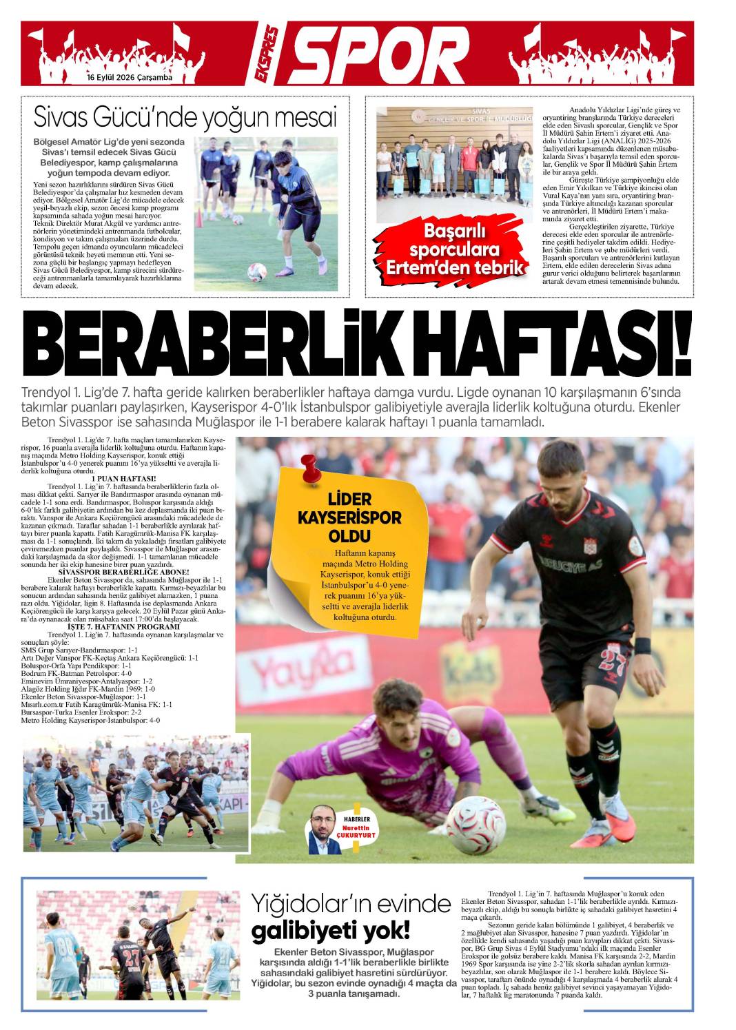 16 Eylül tarihli gazetemiz 1