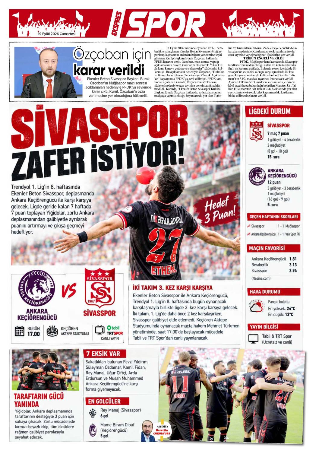 19 Eylül tarihli gazetemiz 2