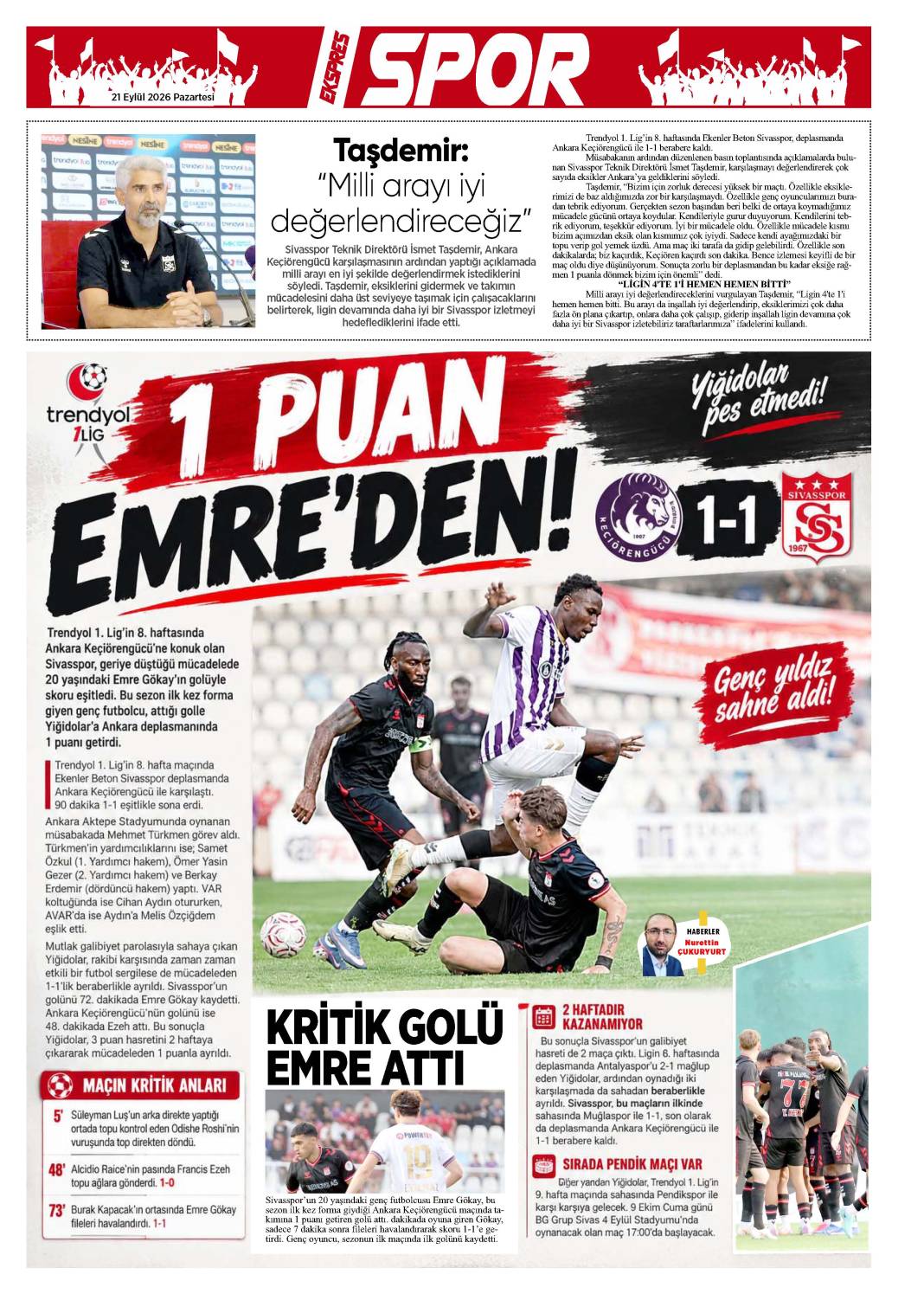 21 Eylül tarihli gazetemiz 2