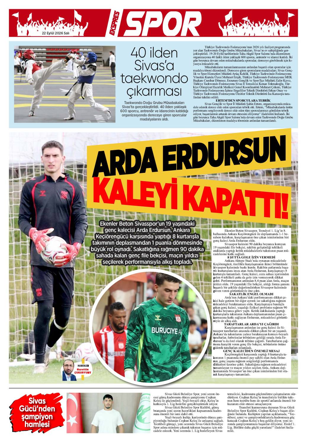 22 Eylül tarihli gazetemiz 1