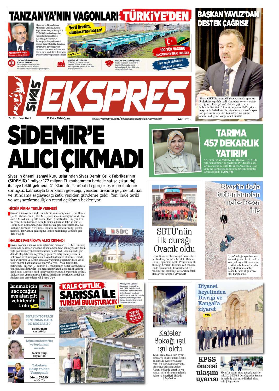 23 Ekim tarihli gazetemiz 2