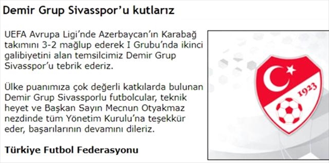 TFF´DEN SİVASSPOR´A KUTLAMA