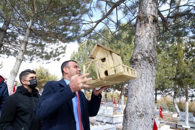 Kuş yuvaları, şehitlikteki ağaçlara asıldı