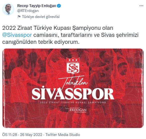 CUMHURBAŞKANI ERDOĞAN'DAN SİVASSPOR'U TEBRİK ETTİ