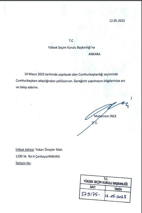 İnce'nin Çekilme Dilekçesi YSK'ya Verildi