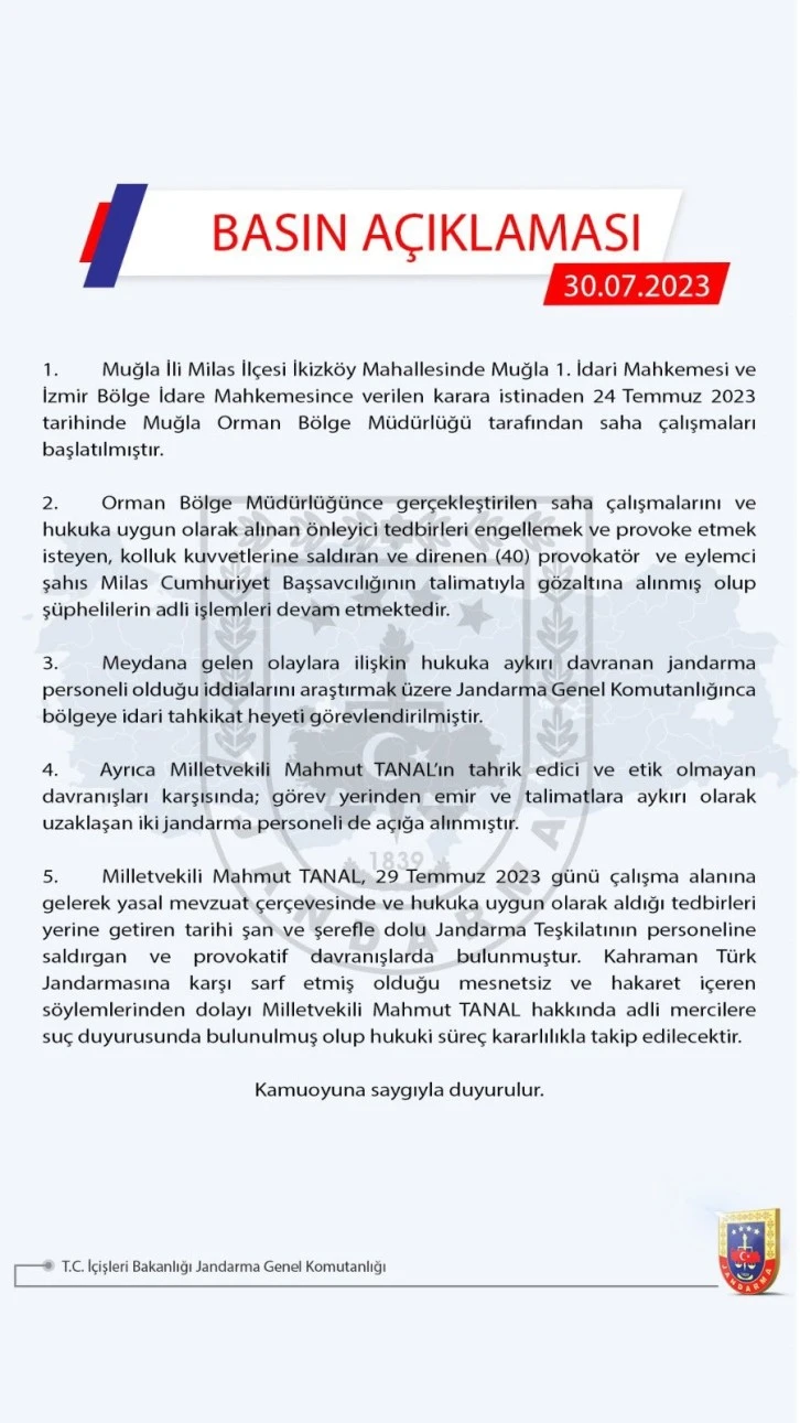 Jandarmadan Mahmut Tanal Açıklaması