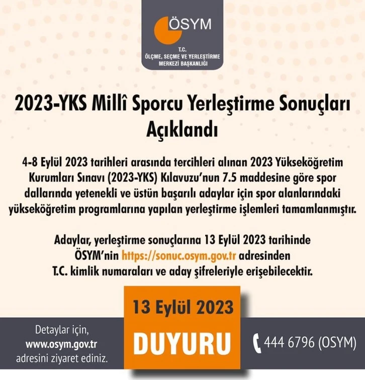 Milli Sporcu Yerleştirme Sonuçları Açıklandı