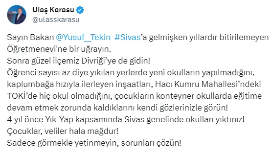 Vekil Karasu’dan Bakan Tekin’e Çağrı