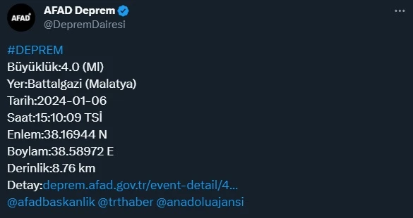 Malatya'da 4 Büyüklüğünde Deprem 