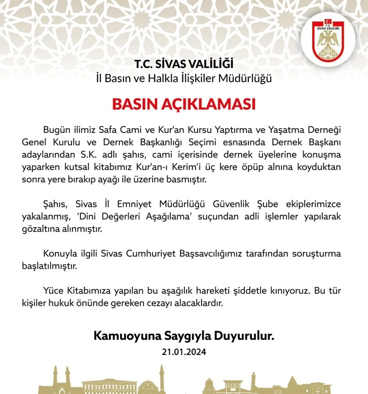 Kur’an-ı Kerim’e Yapılan Çirkin Saldırıya Sivas Valiliği El Attı