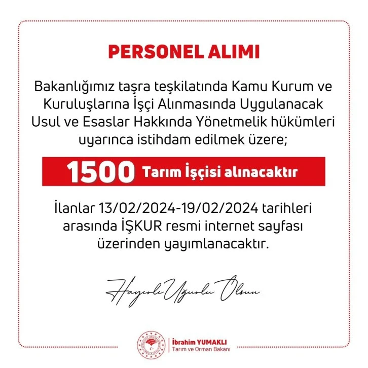 Tarım ve Orman Bakanlığı 1500 İşçi Alacak