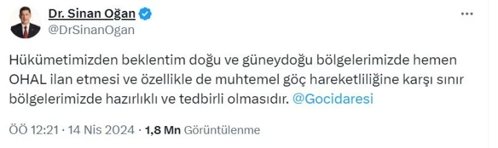 Sinan Oğan’dan Hükümete OHAL Çağrısı