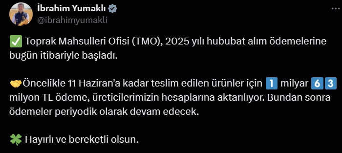 Hububat alım bedeli bekleyenlere müjde