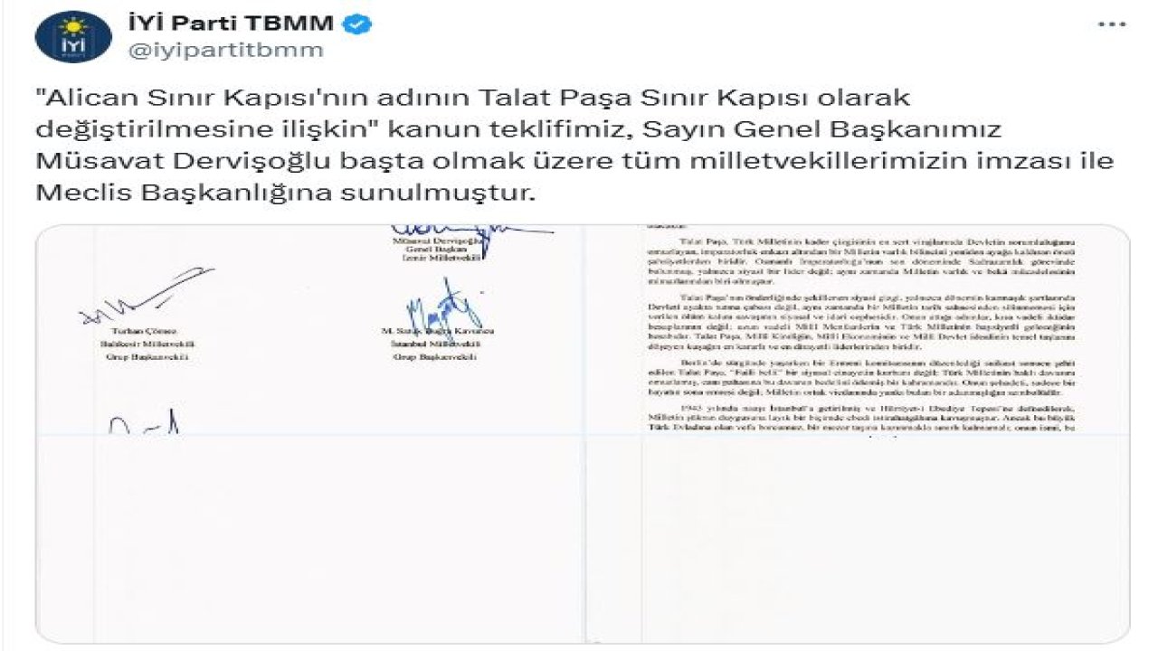 Alican Sınır Kapısı'nın ismi 'Talat Paşa' olarak değiştirilsin