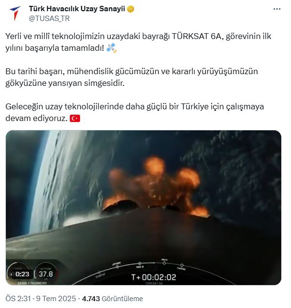 TÜRKSAT 6A, görevinin ilk yılını tamamladı