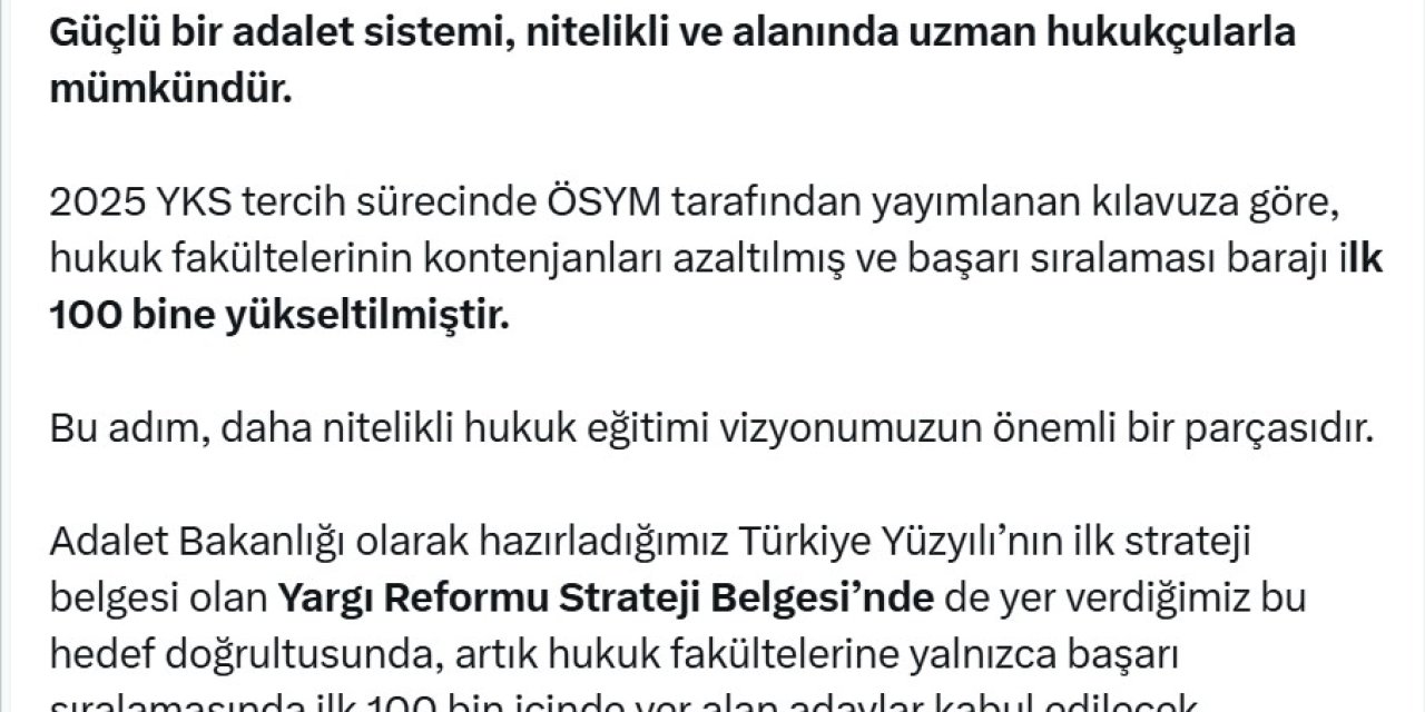 Artık hukuk fakültelerine ilk 100 bin kabul edilecek