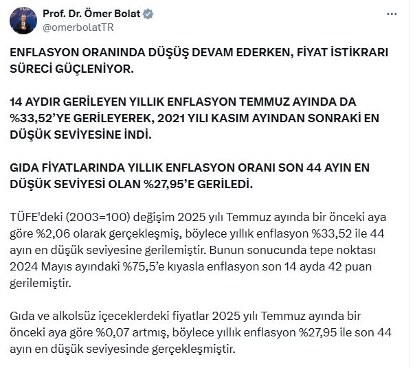 Bakan Bolat açıkladı: Fiyat istikrarı süreci güçlendi