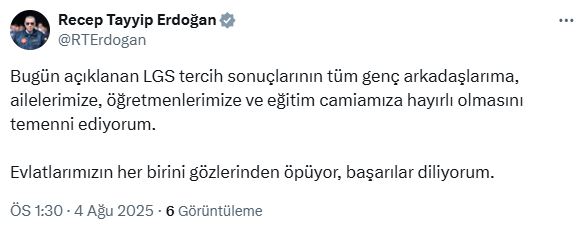 Cumhurbaşkanı Erdoğan'dan LGS İle İlgili Açıklama