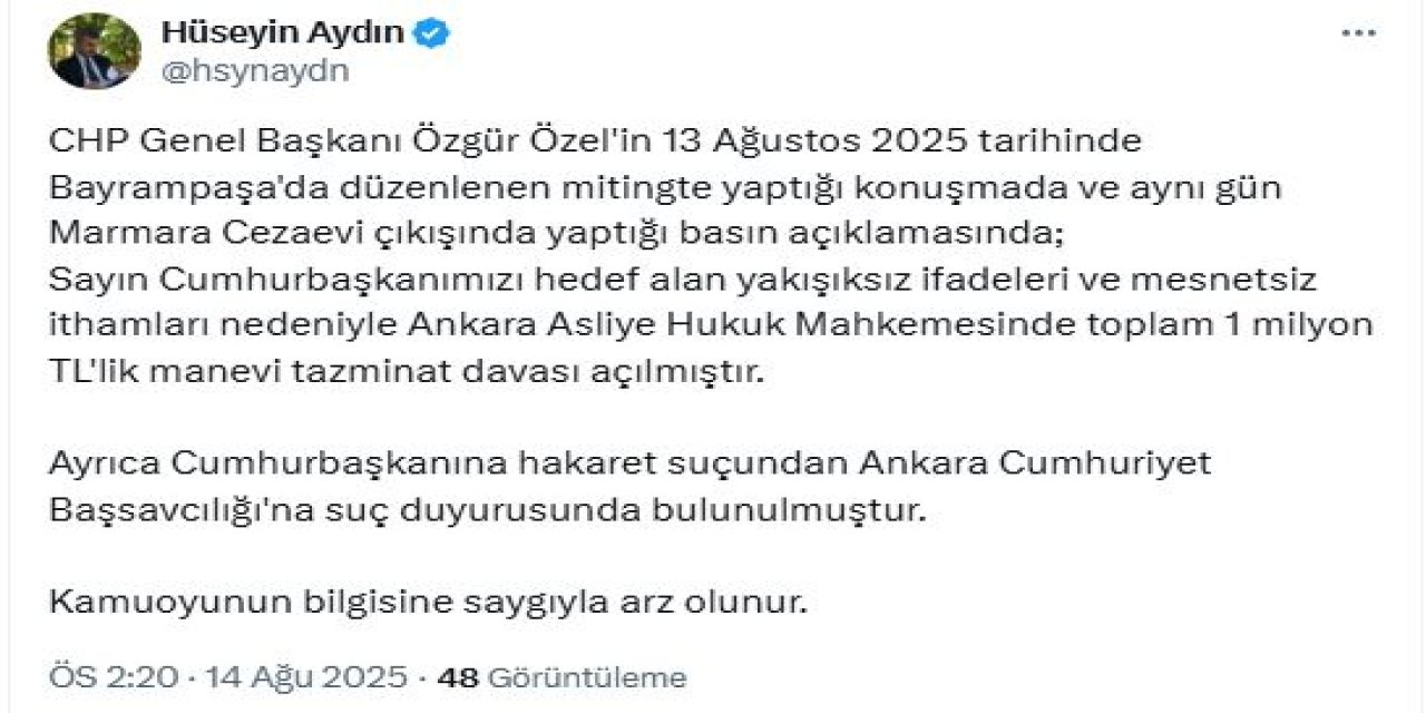 Cumhurbaşkanı Erdoğan'dan, Özgür Özel'e  tazminat davası