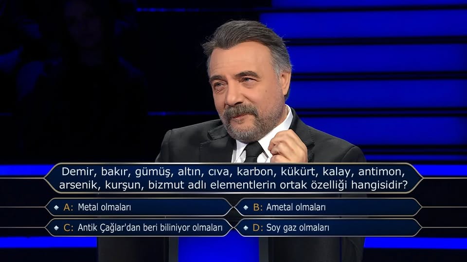 Demir, bakır, gümüş, altın, cıva, karbon, kükürt, kalay, antimon, arsenik, kurşun, bizmut adlı elementlerin ortak özelliği