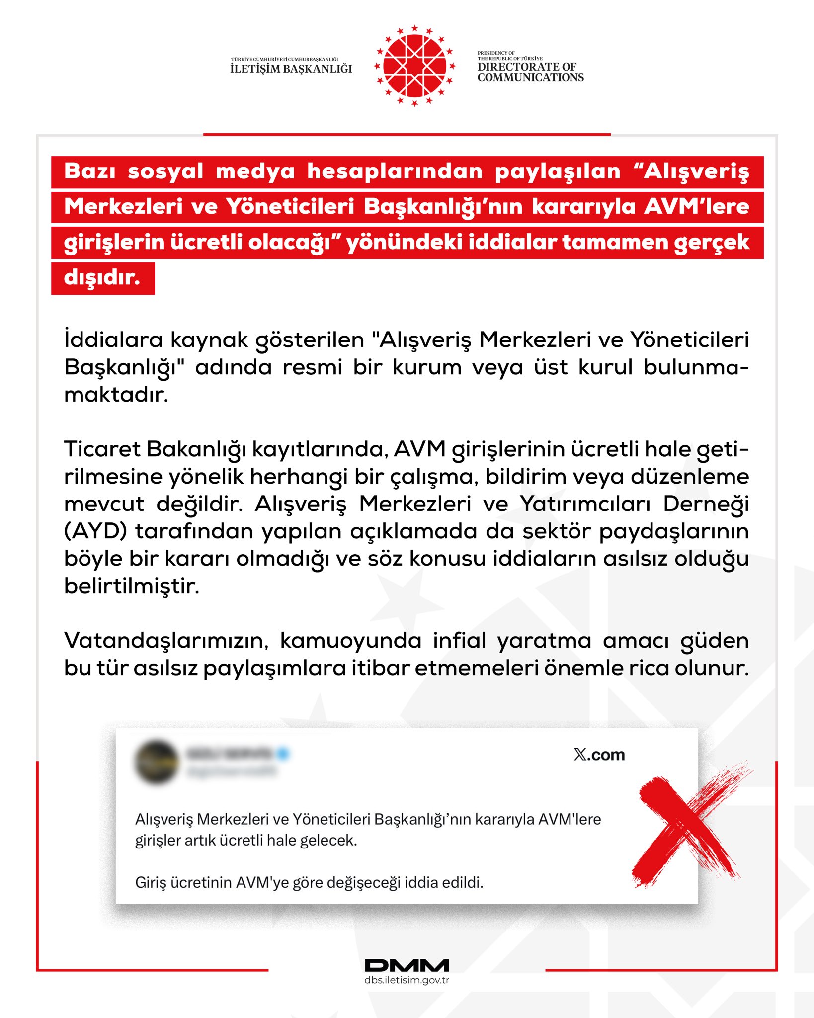 AVM girişleri ücretli olacak iddialarına açıklama