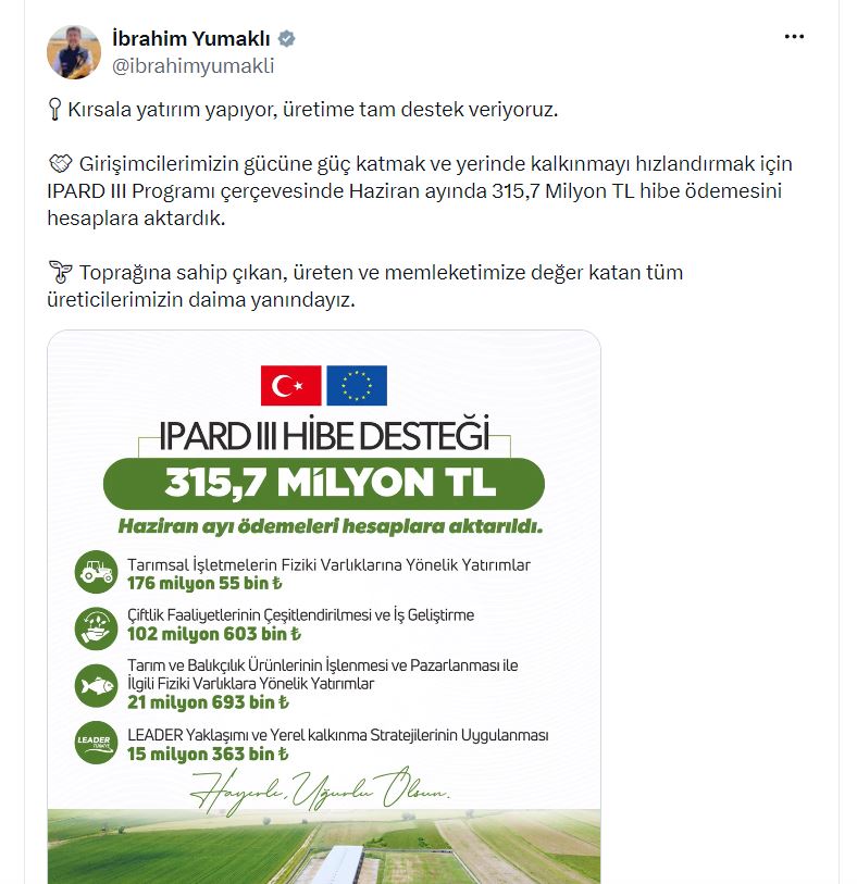 Üreticiye 315,7 milyon liralık destek