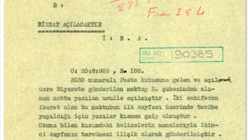 MİT, 1933 tarihli gizli belgeyi yayımladı