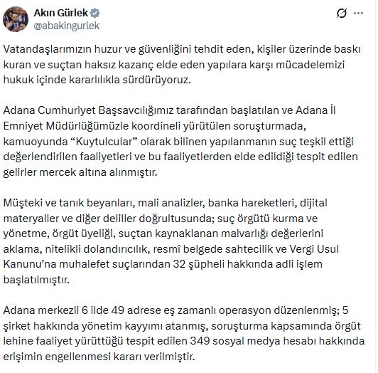 'Kuytulcular' olarak bilinen yapılanmaya operasyon; 32 şüpheli hakkında adli işlem