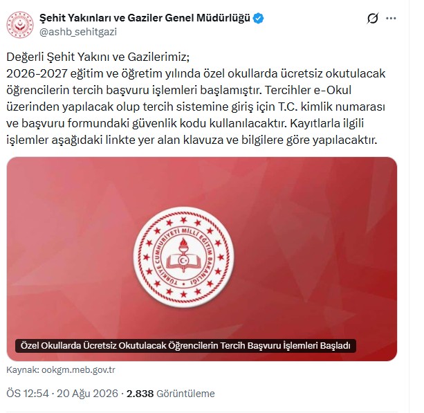 Şehit yakını ve gaziler için özel okul tercihleri başladı