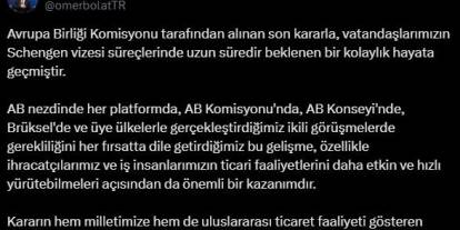 Bakan Bolat: "Schengen vizesi süreçlerinde beklenen kolaylık hayata geçmiştir"